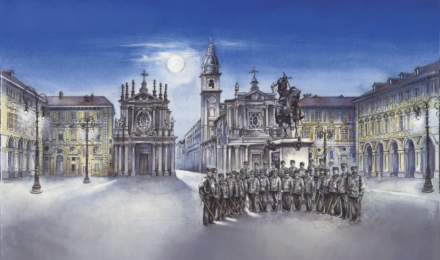 STORIA-Acquerello---Torino---I-Cittadini-dell'Ordine-in-Piazza-San-Carlo-in-una-notte-del-1895